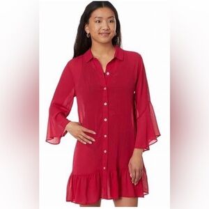 Lilly Pulitzer Dress Womens L Poinsettia Red Linley Collared Button Up Cover Up